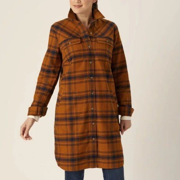 Duluth Folklore Flannel Duster XXL Shirt Jacket Shacket Plaid Button Up Orange - Picture 1 of 12